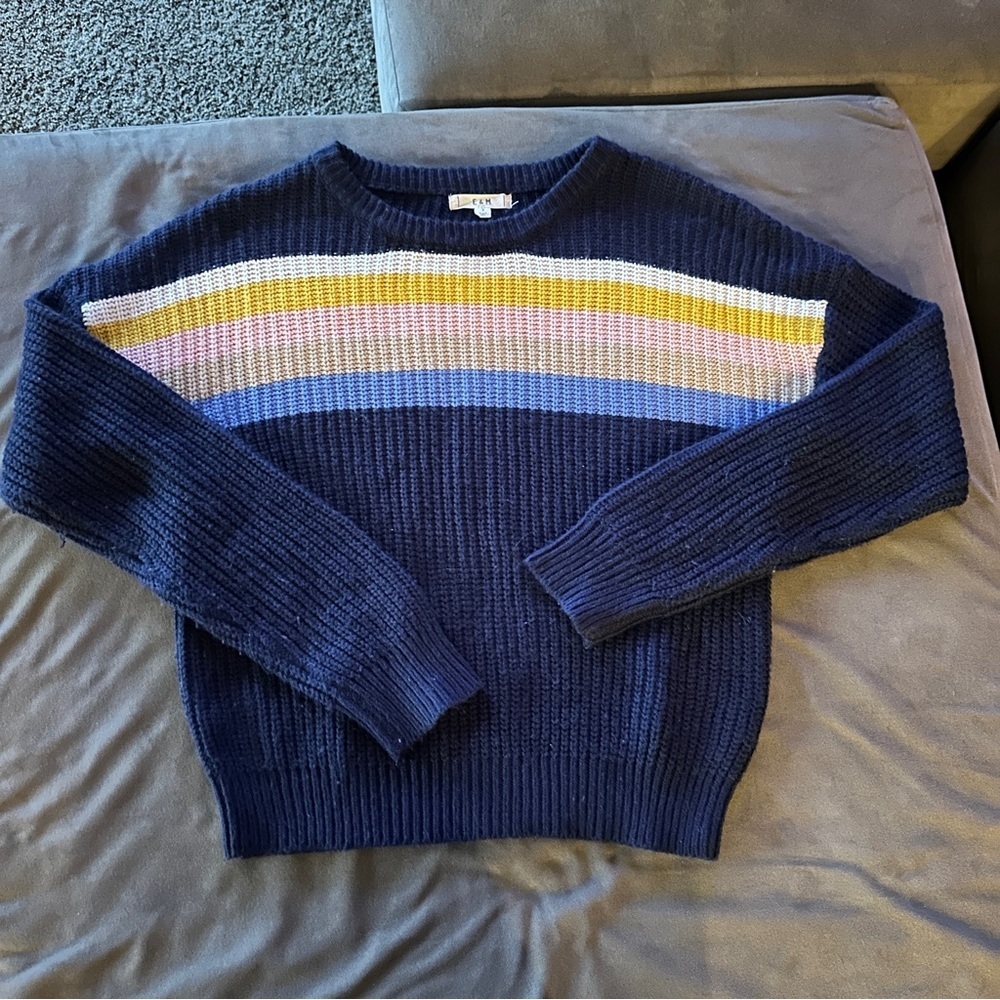 E & M Colorful Striped Navy Sweater Pink Yellow Casual Classic Fun & Cropped